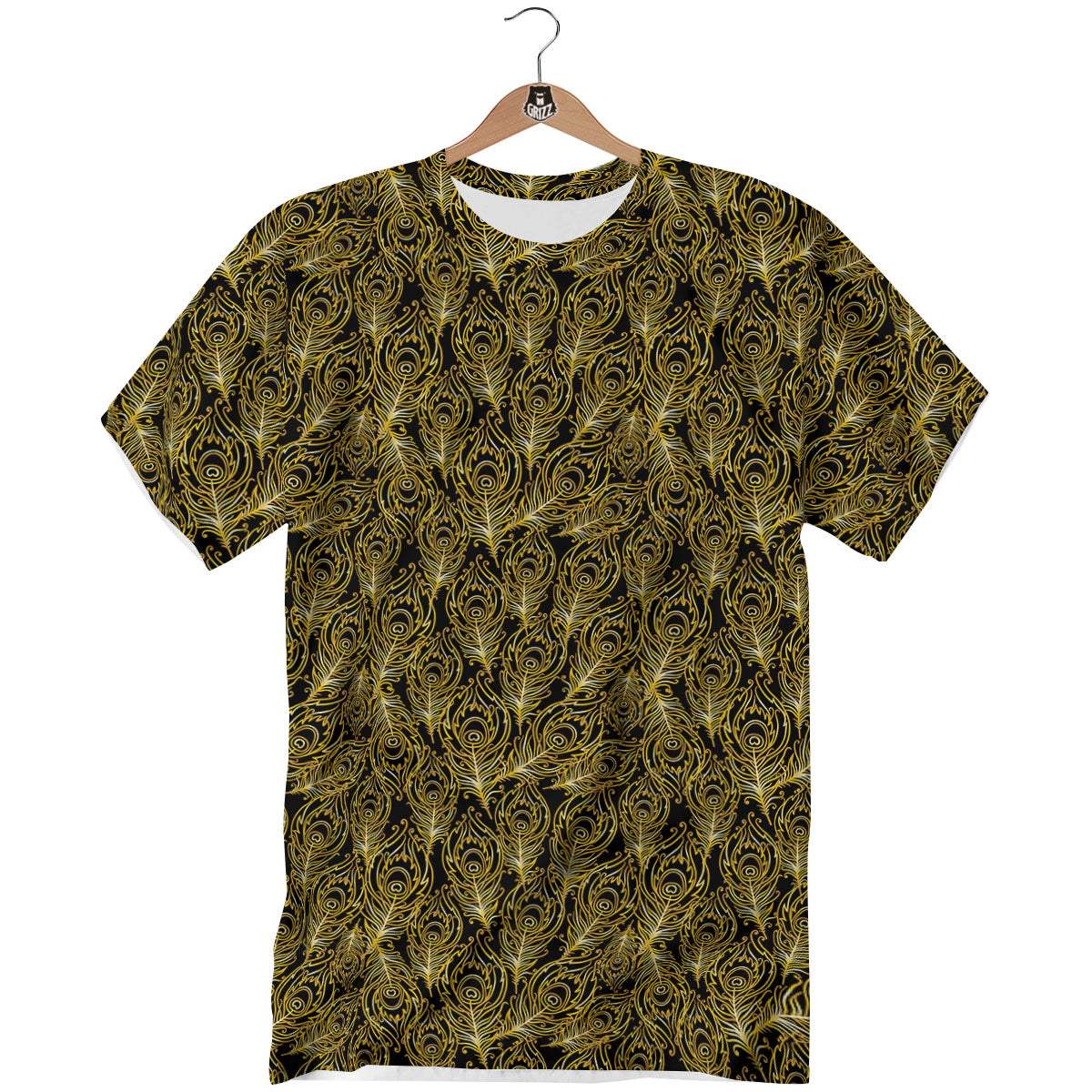 Peacock Feather Gold And Black Print T-Shirt-grizzshop