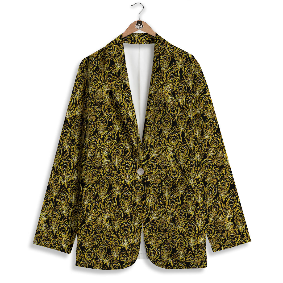 Peacock Feather Gold And Black Print Women's Blazer-grizzshop