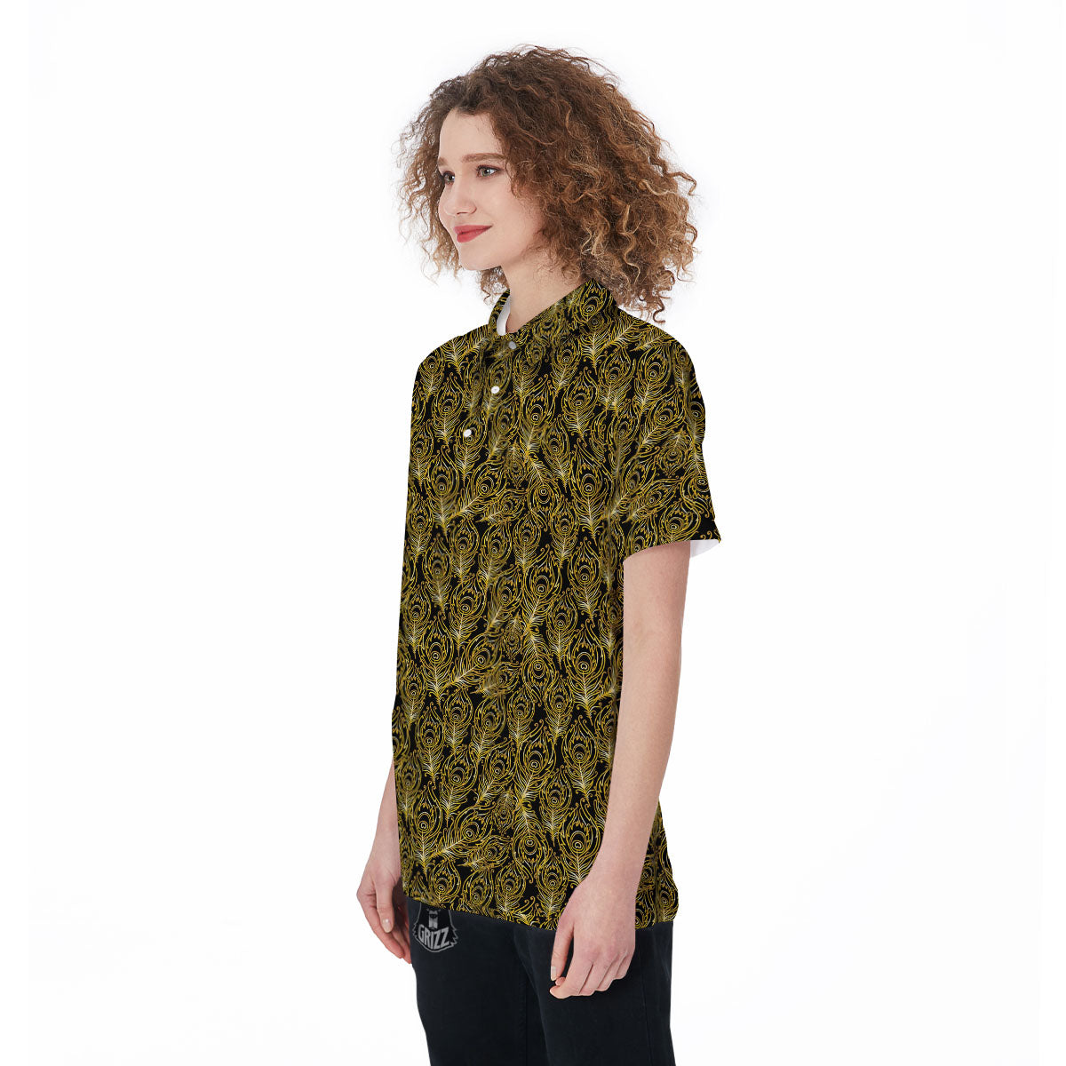 Peacock Feather Gold And Black Print Women's Golf Shirts-grizzshop