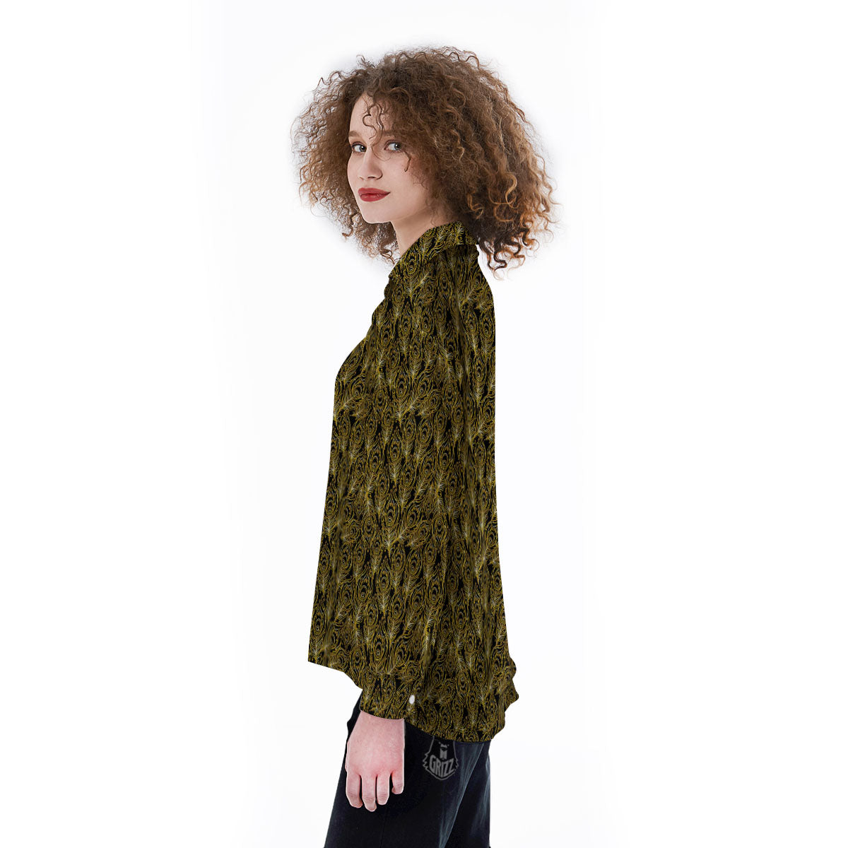 Peacock Feather Gold And Black Print Women's Long Sleeve Shirts-grizzshop