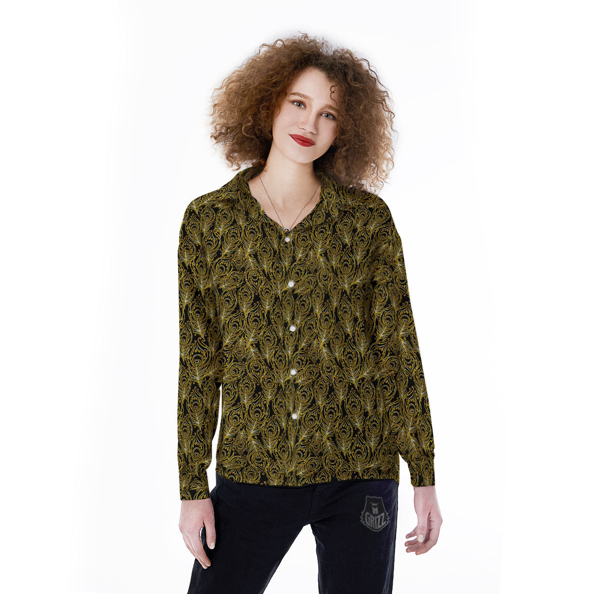 Peacock Feather Gold And Black Print Women's Long Sleeve Shirts-grizzshop