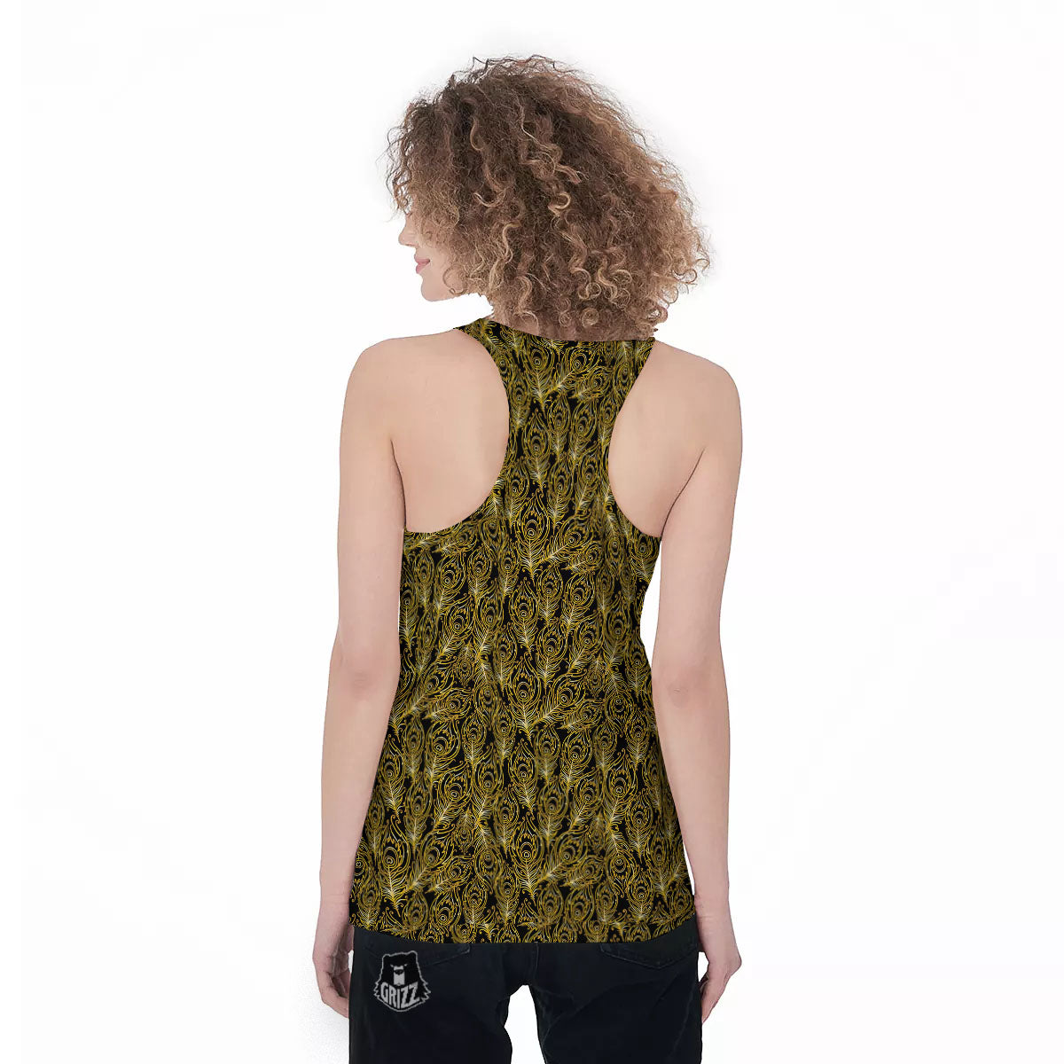 Peacock Feather Gold And Black Print Women's Racerback Tank Top-grizzshop
