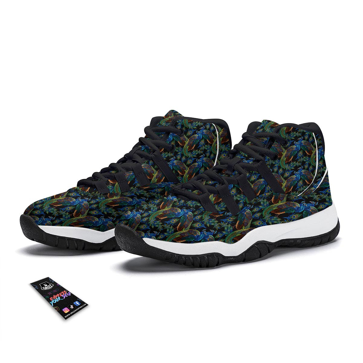 Peacock Feather Pattern Print Black Bball Shoes-grizzshop