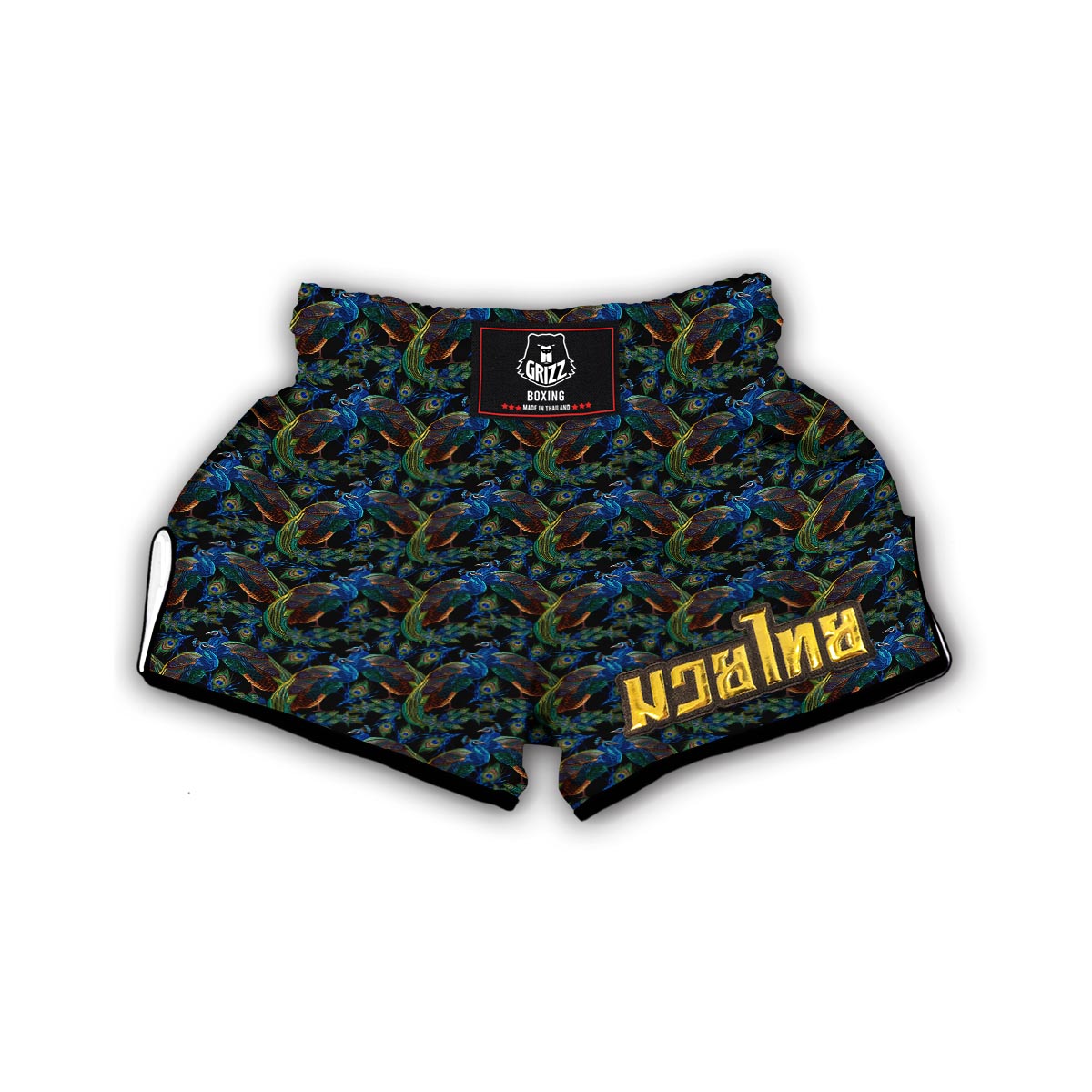Peacock Feather Pattern Print Muay Thai Boxing Shorts-grizzshop