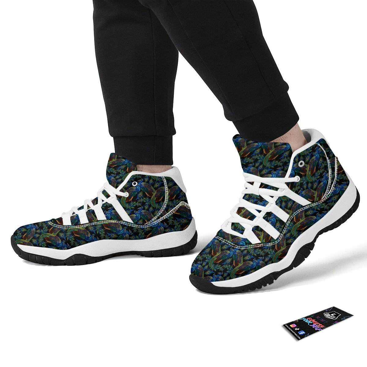 Peacock Feather Pattern Print White Bball Shoes-grizzshop