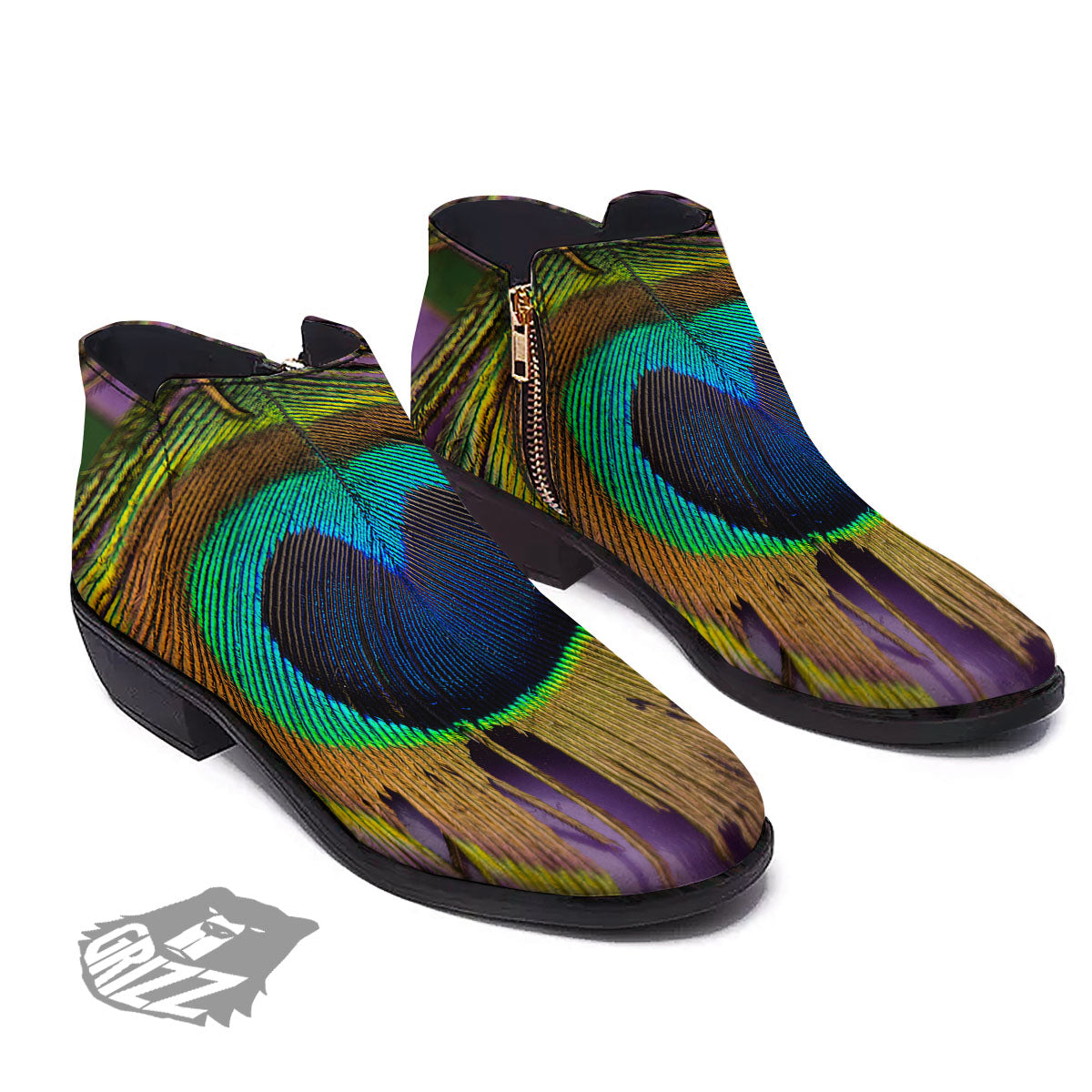 Peacock Feather Purple Bohemian Print Ankle Boots-grizzshop
