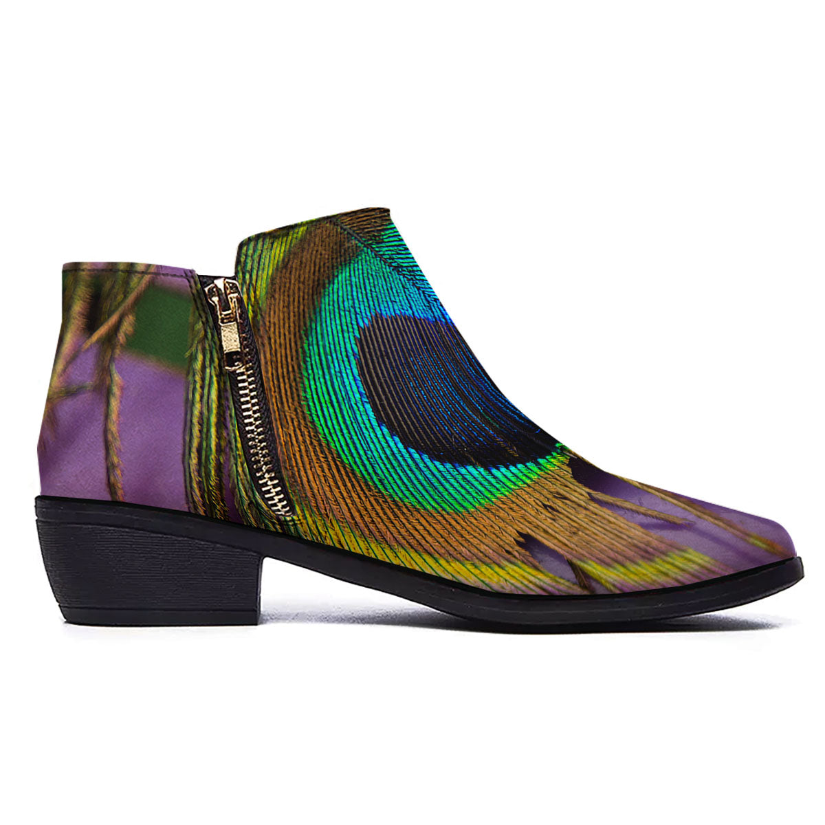 Peacock Feather Purple Bohemian Print Ankle Boots-grizzshop