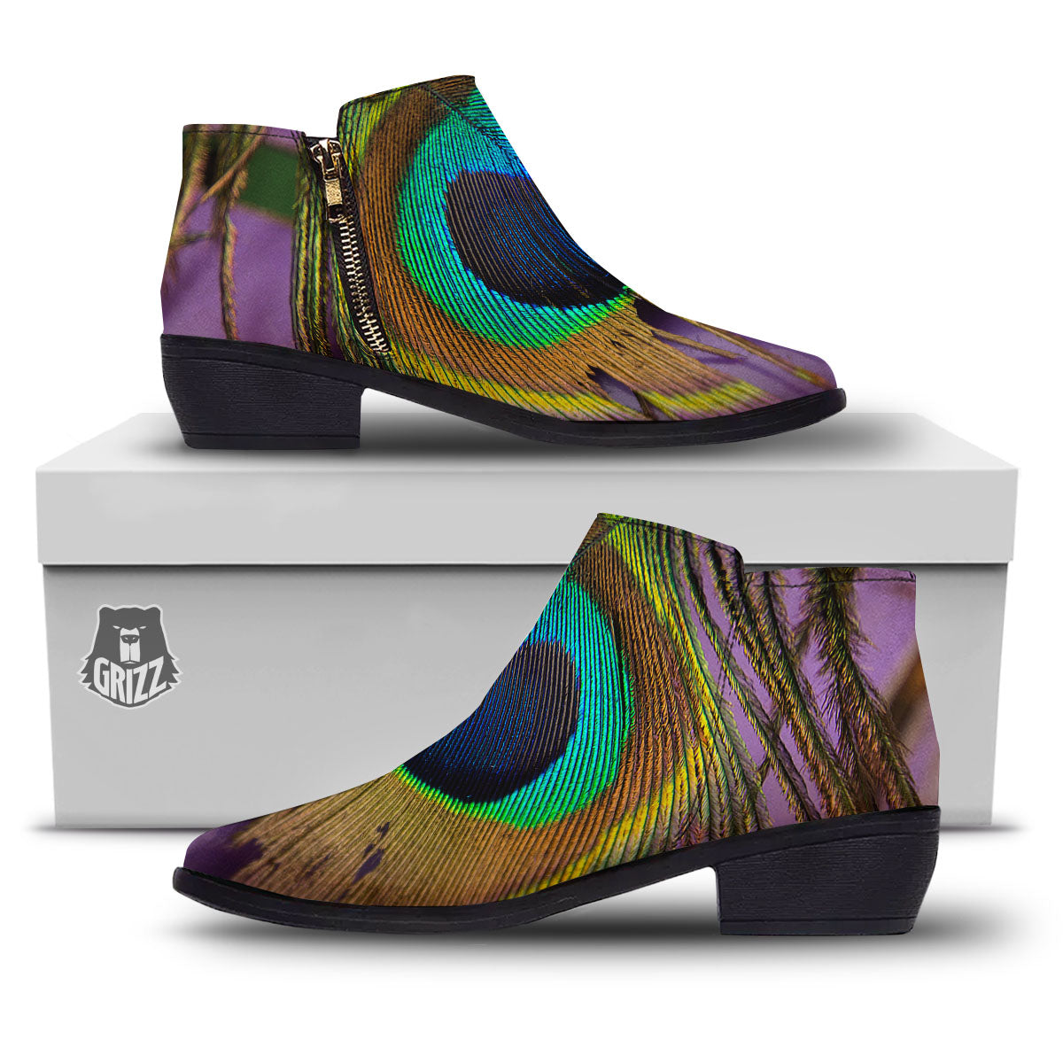 Peacock Feather Purple Bohemian Print Ankle Boots-grizzshop