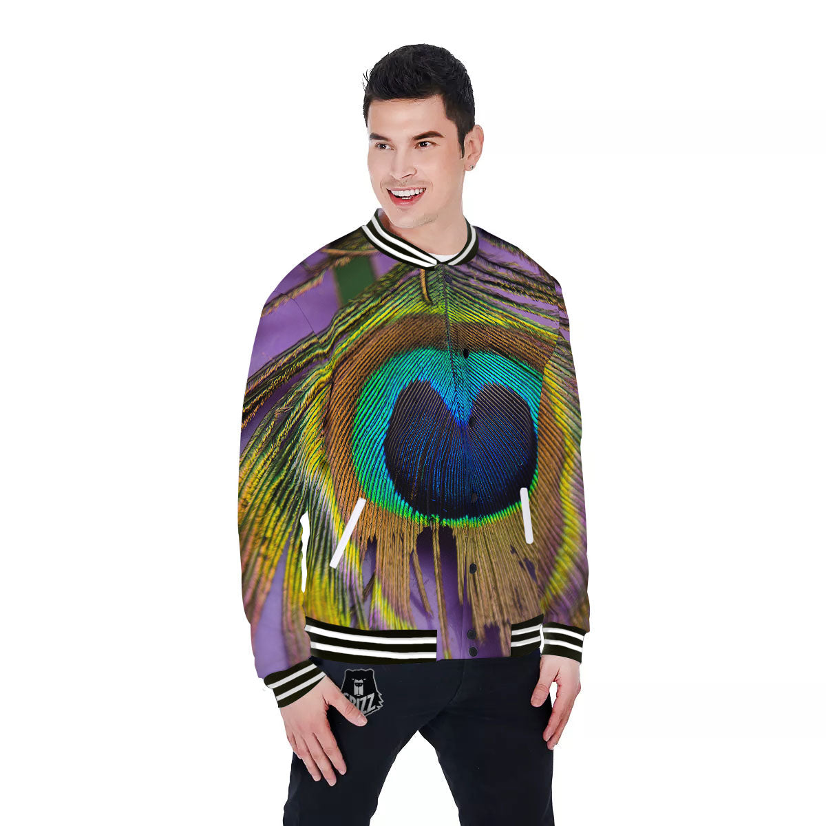 Peacock Feather Purple Bohemian Print Baseball Jacket-grizzshop
