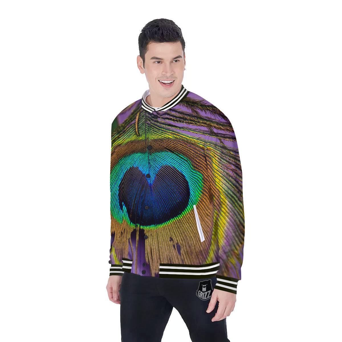 Peacock Feather Purple Bohemian Print Baseball Jacket-grizzshop