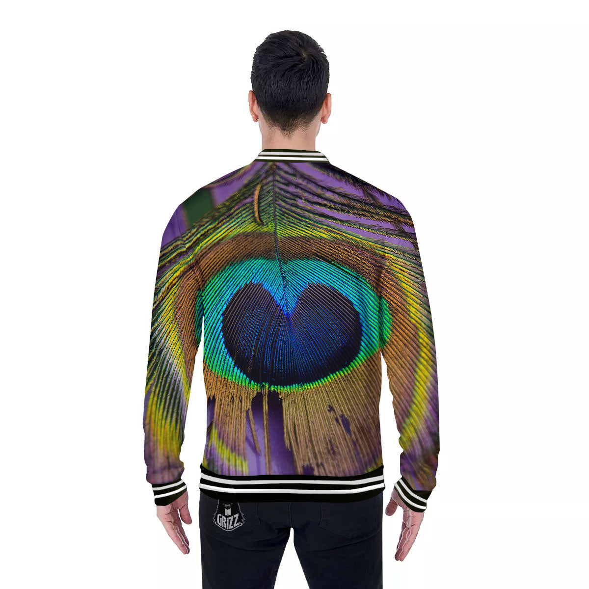 Peacock Feather Purple Bohemian Print Baseball Jacket-grizzshop