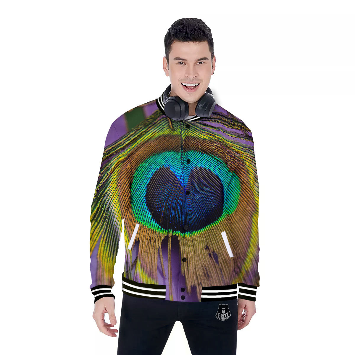 Peacock Feather Purple Bohemian Print Baseball Jacket-grizzshop