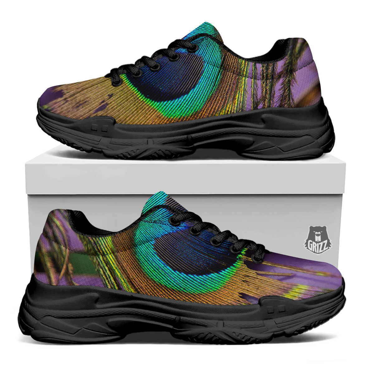 Peacock Feather Purple Bohemian Print Black Chunky Shoes-grizzshop