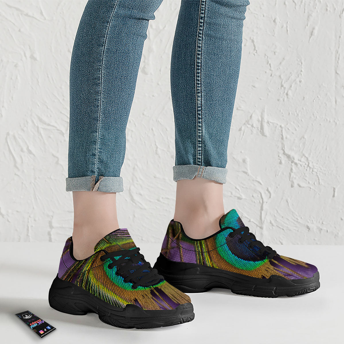 Peacock Feather Purple Bohemian Print Black Chunky Shoes-grizzshop