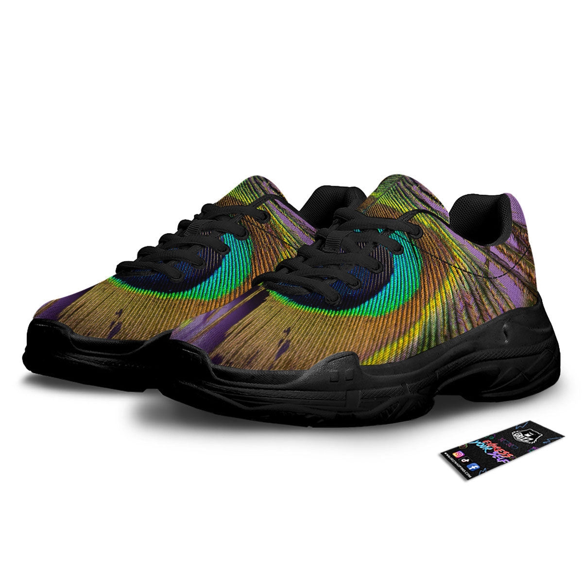 Peacock Feather Purple Bohemian Print Black Chunky Shoes-grizzshop