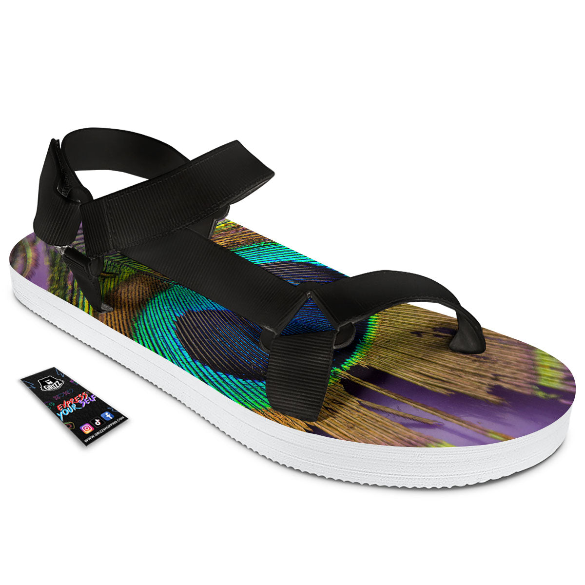 Peacock Feather Purple Bohemian Print Black Open Toe Sandals-grizzshop