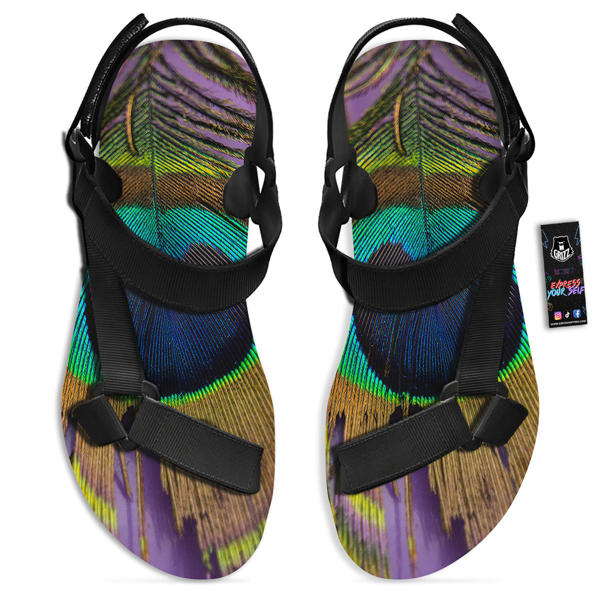Peacock Feather Purple Bohemian Print Black Open Toe Sandals-grizzshop