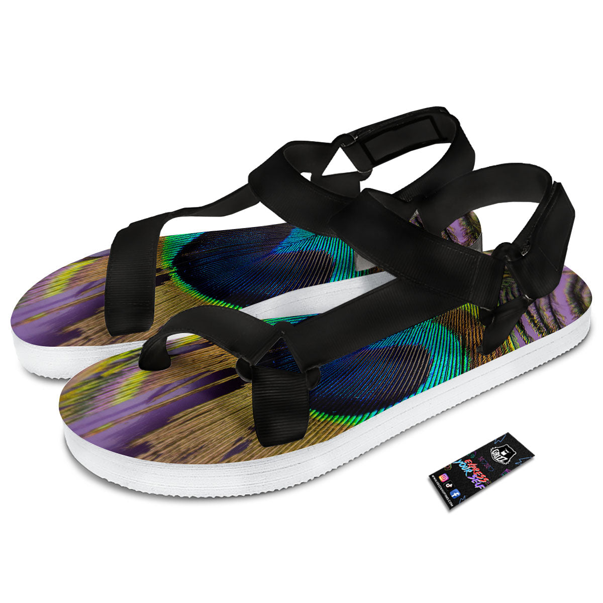 Peacock Feather Purple Bohemian Print Black Open Toe Sandals-grizzshop