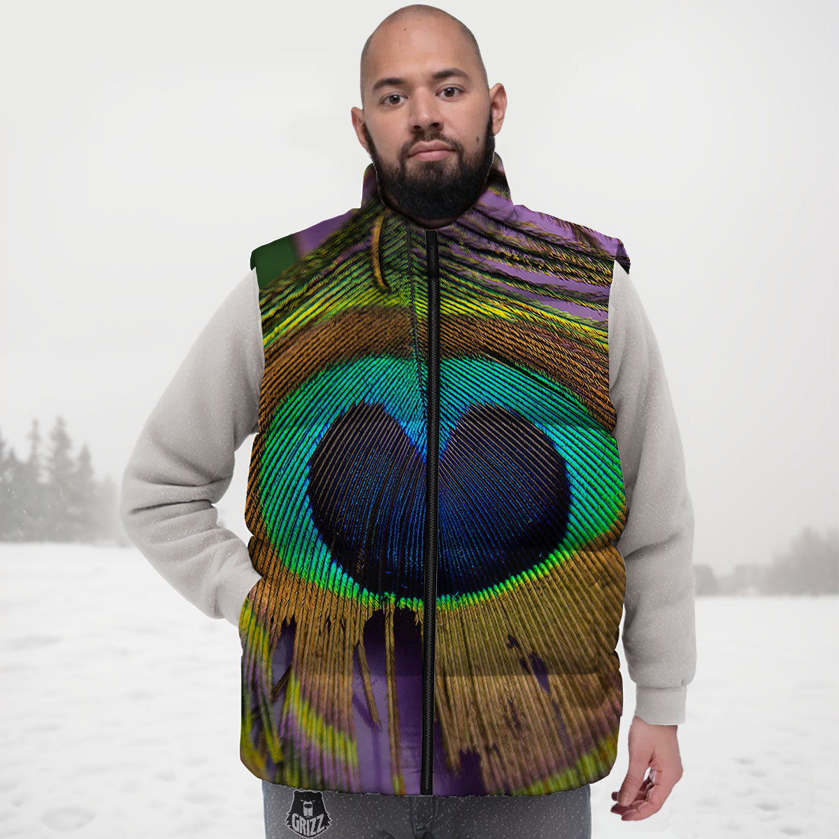 Peacock Feather Purple Bohemian Print Down Vest