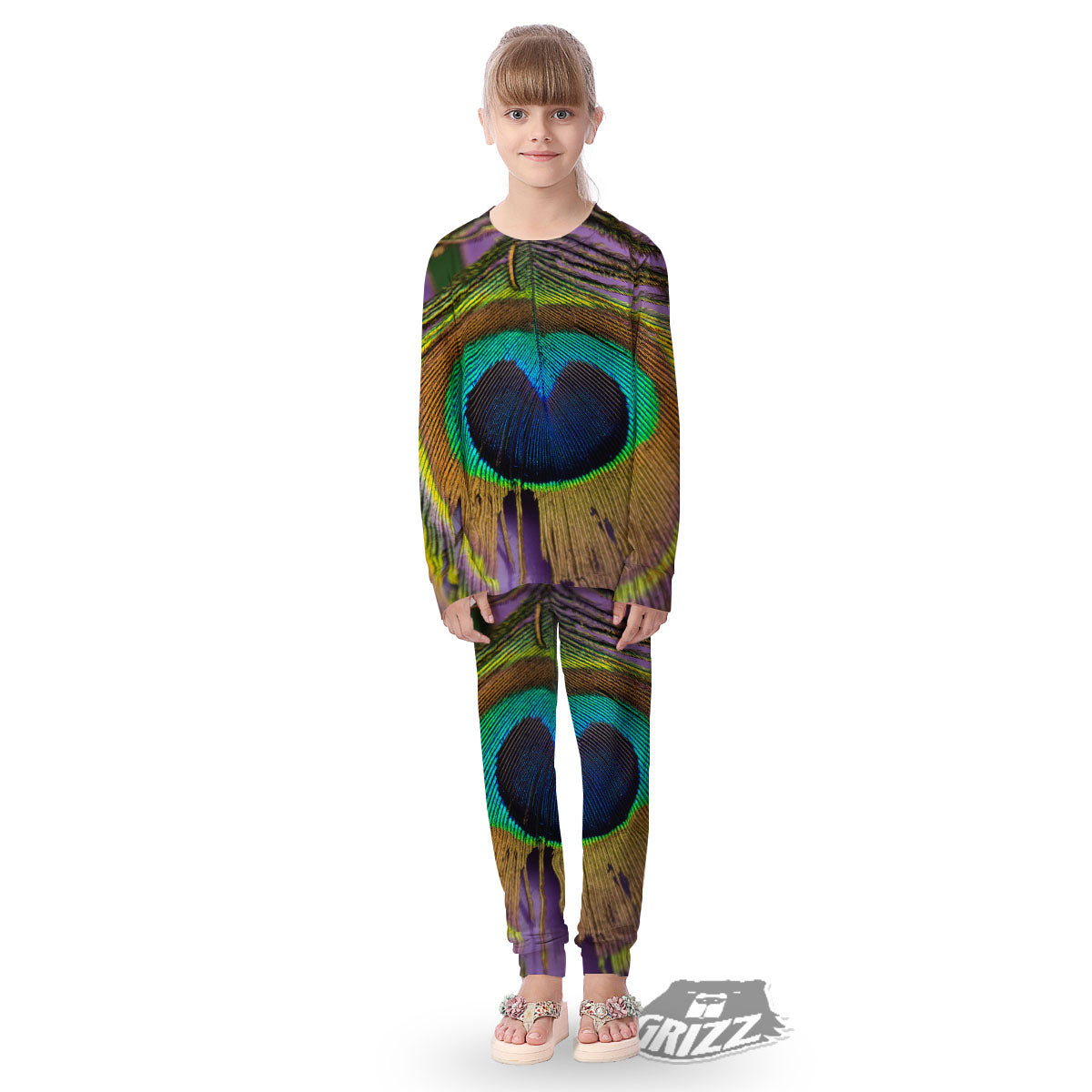 Peacock Feather Purple Bohemian Print Kid's Pajamas-grizzshop