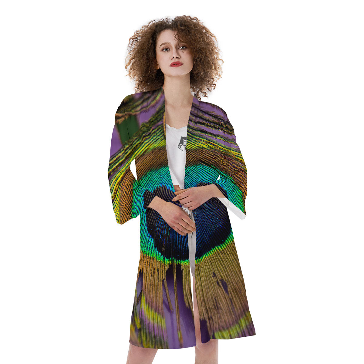 Peacock Feather Purple Bohemian Print Kimono-grizzshop
