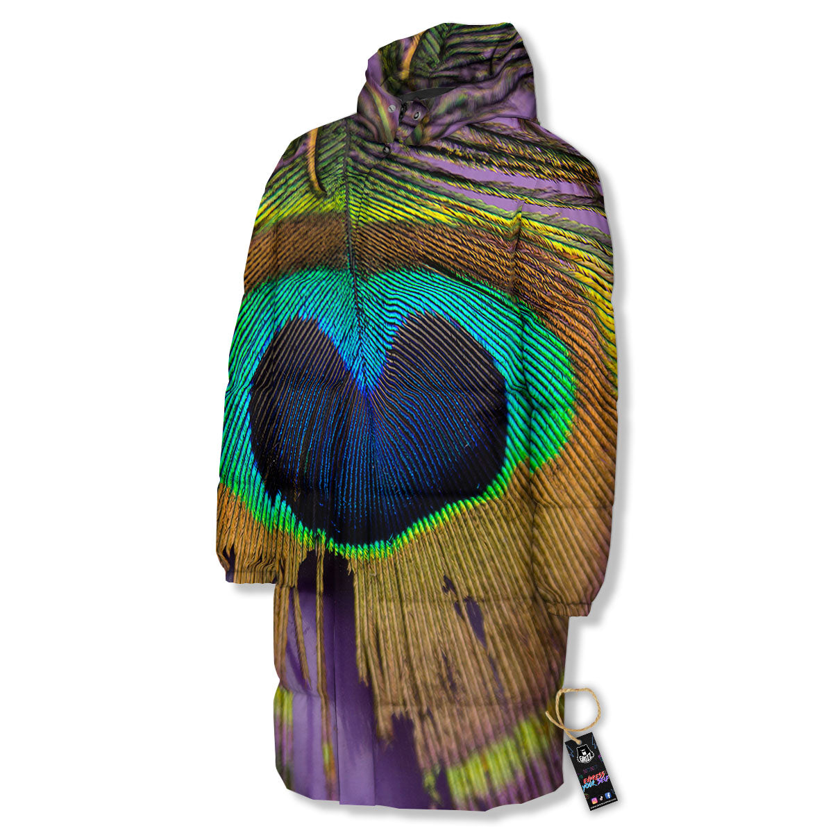 Peacock Feather Purple Bohemian Print Long Down Jacket-grizzshop