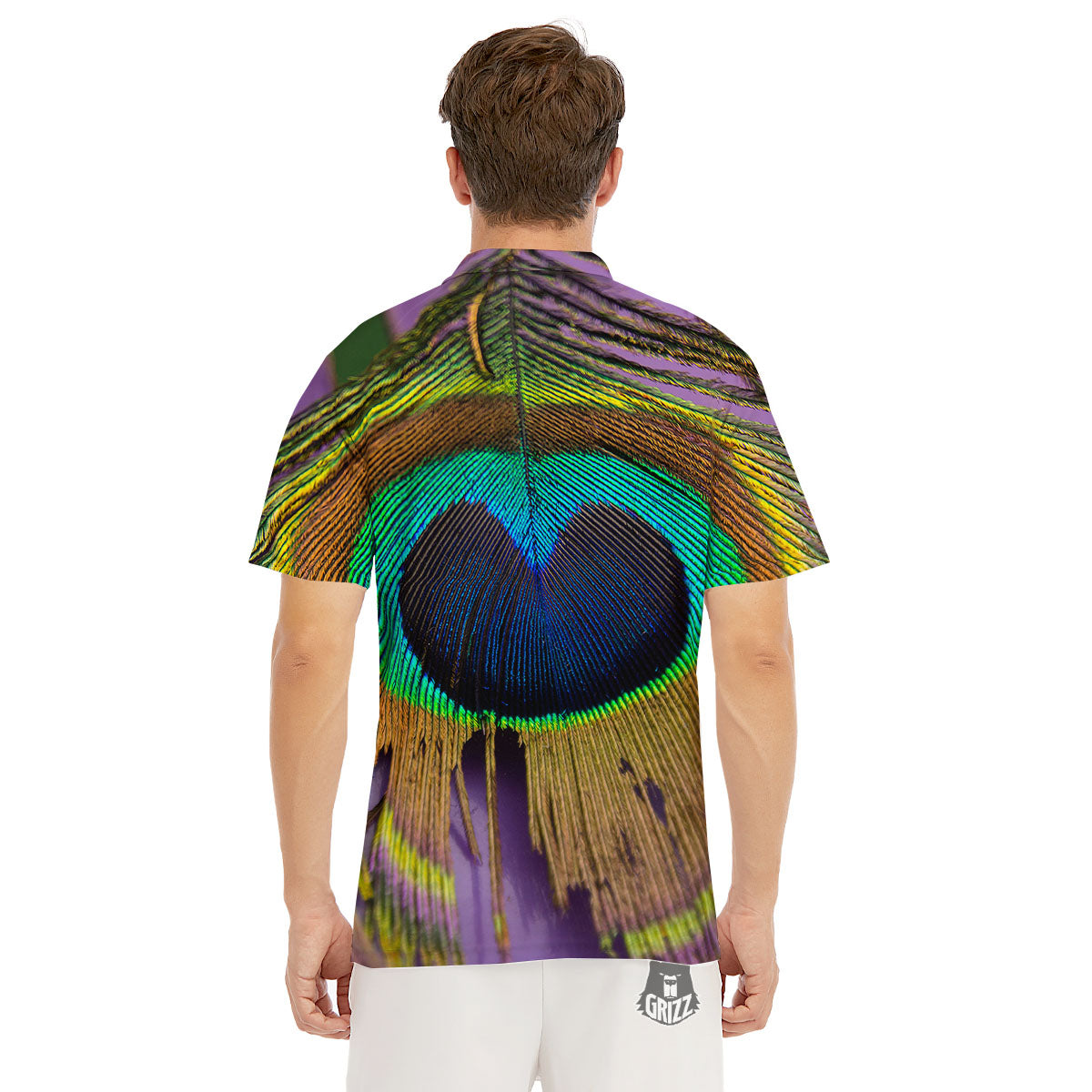 Peacock Feather Purple Bohemian Print Men's Golf Shirts-grizzshop