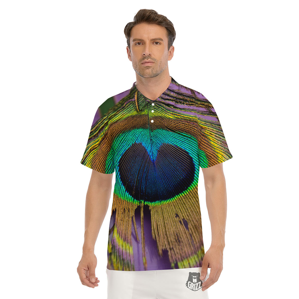 Peacock Feather Purple Bohemian Print Men's Golf Shirts-grizzshop