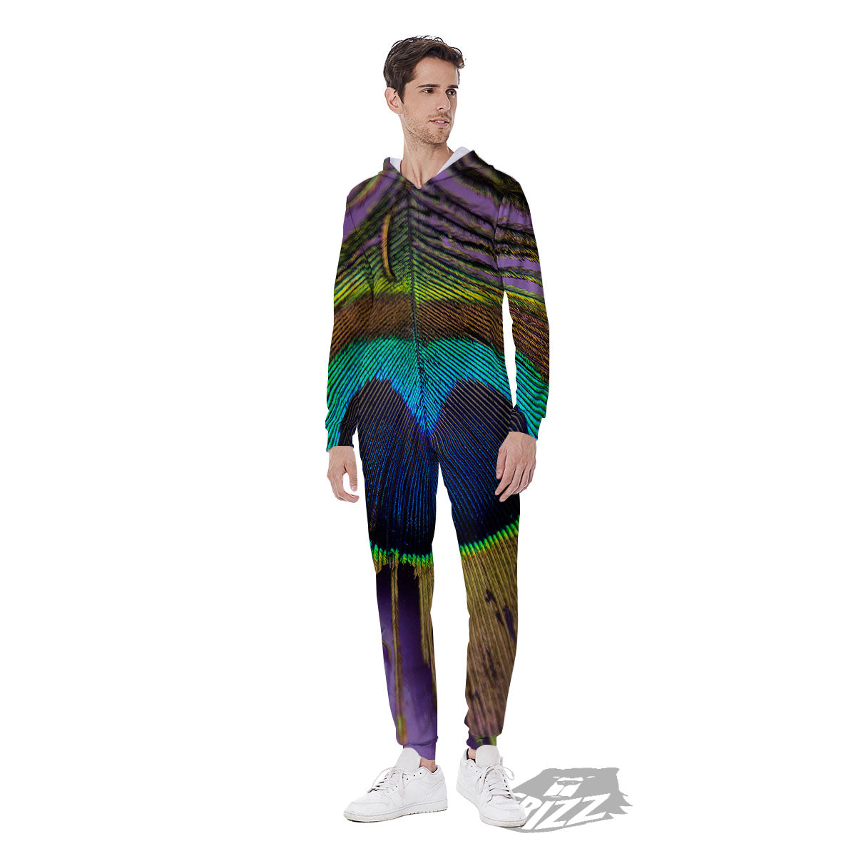 Peacock Feather Purple Bohemian Print Men's Jumpsuit-grizzshop