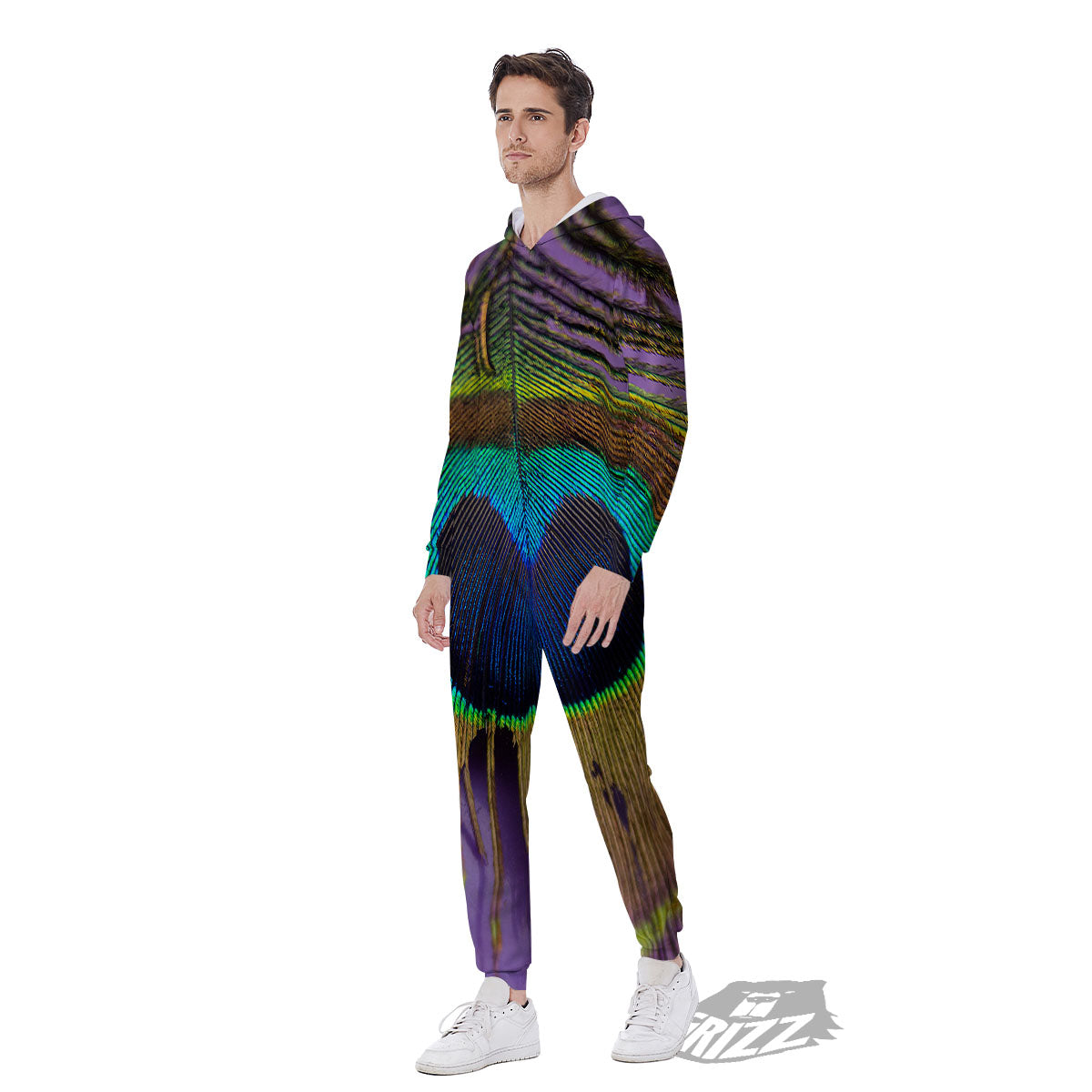 Peacock Feather Purple Bohemian Print Men's Jumpsuit-grizzshop