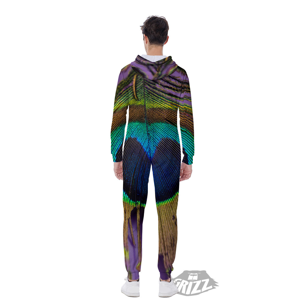 Peacock Feather Purple Bohemian Print Men's Jumpsuit-grizzshop