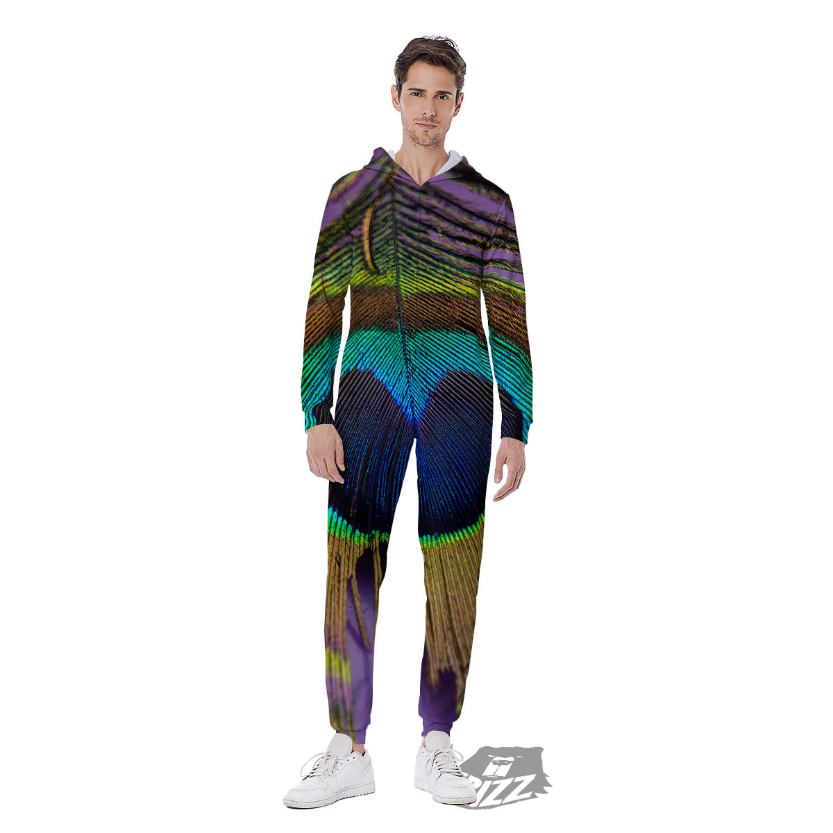 Peacock Feather Purple Bohemian Print Men's Jumpsuit-grizzshop