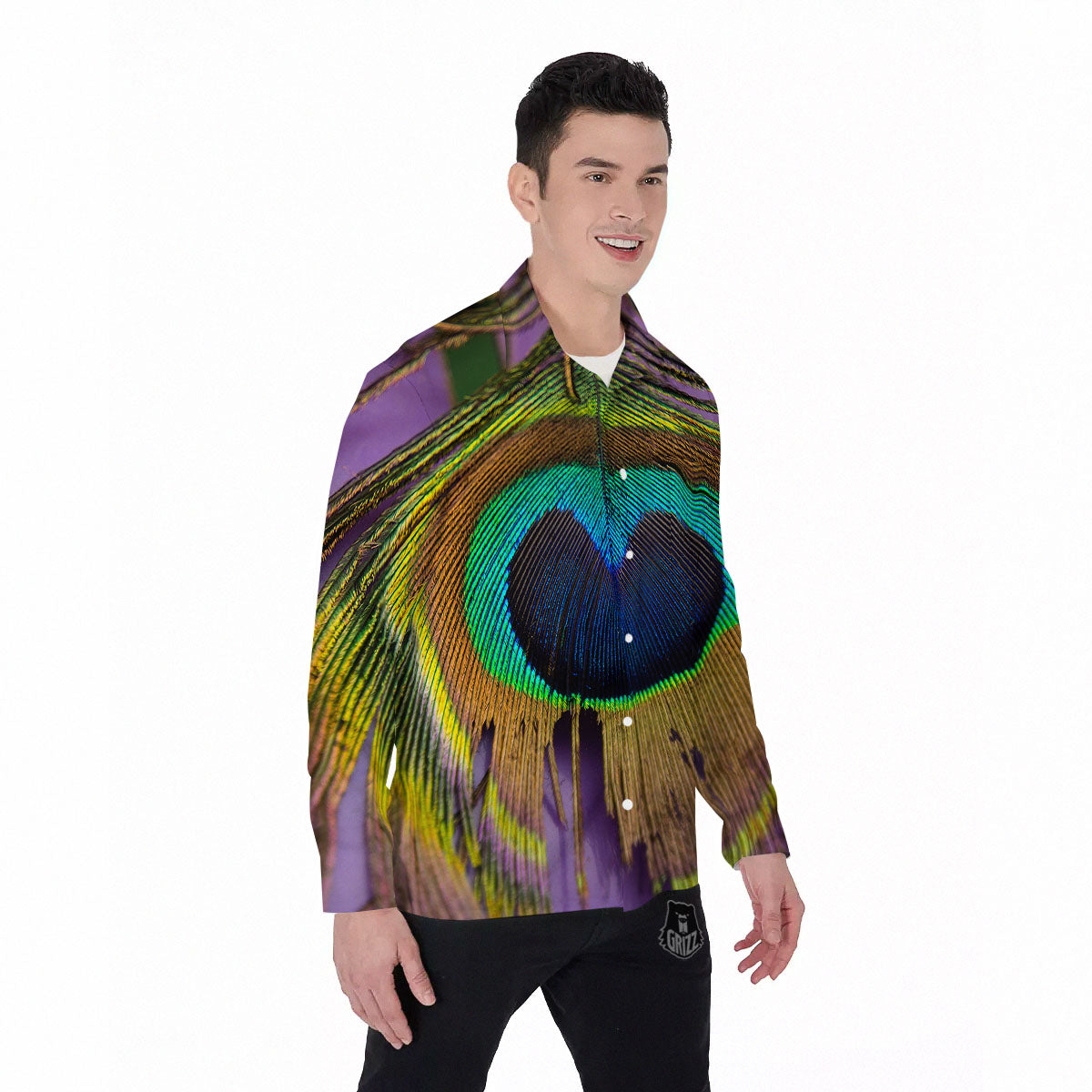 Peacock Feather Purple Bohemian Print Men's Long Sleeve Shirts-grizzshop