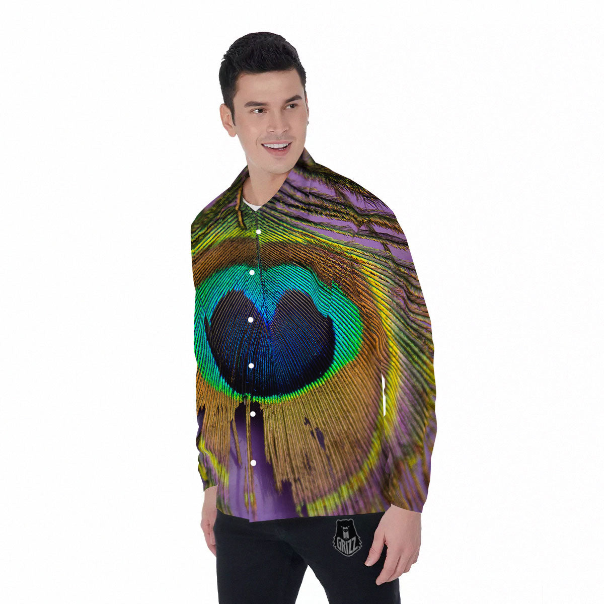 Peacock Feather Purple Bohemian Print Men's Long Sleeve Shirts-grizzshop