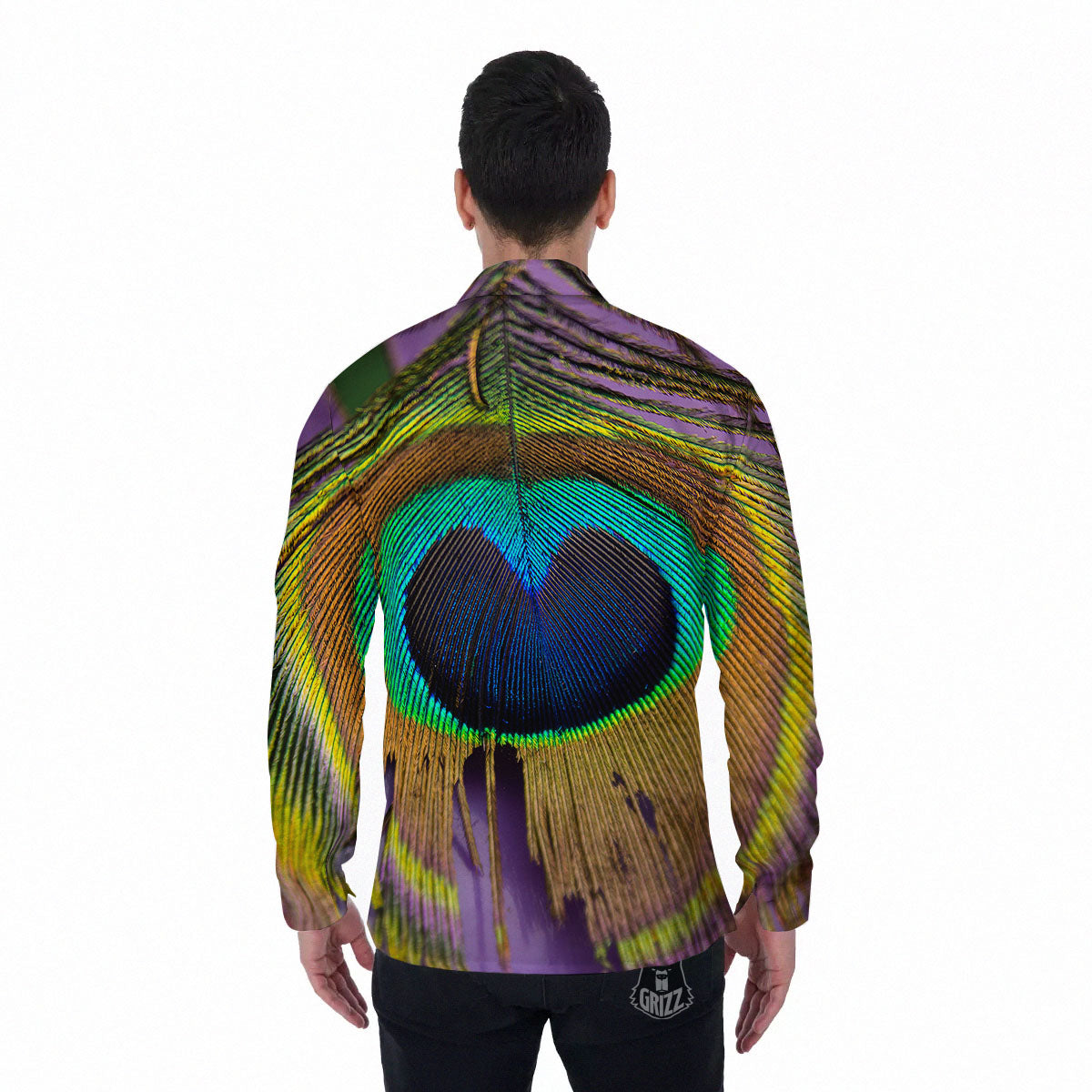 Peacock Feather Purple Bohemian Print Men's Long Sleeve Shirts-grizzshop