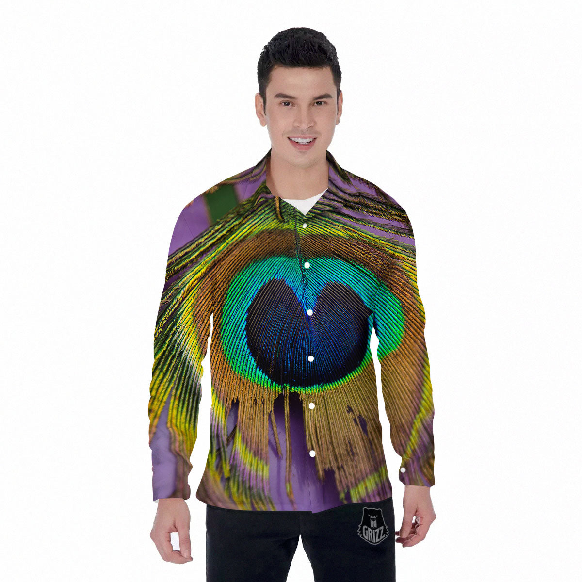 Peacock Feather Purple Bohemian Print Men's Long Sleeve Shirts-grizzshop