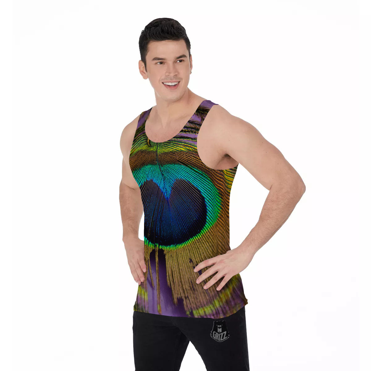 Peacock Feather Purple Bohemian Print Men's Tank Top-grizzshop