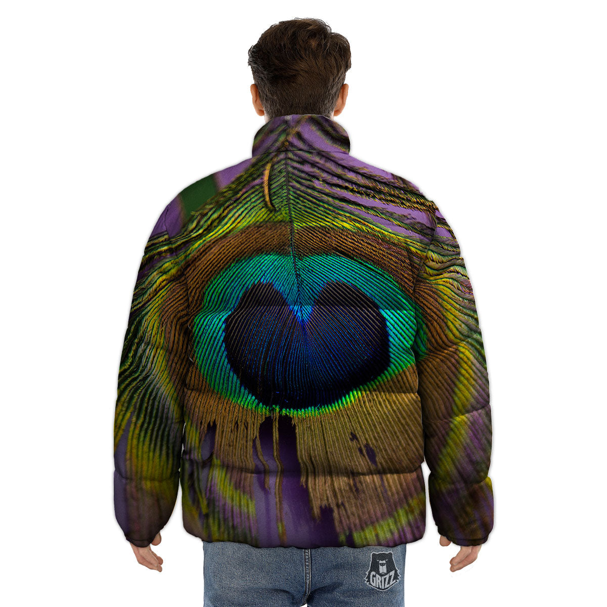 Peacock Feather Purple Bohemian Print Puffer Jacket-grizzshop