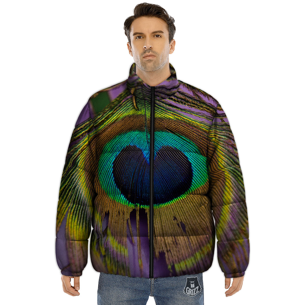 Peacock Feather Purple Bohemian Print Puffer Jacket-grizzshop