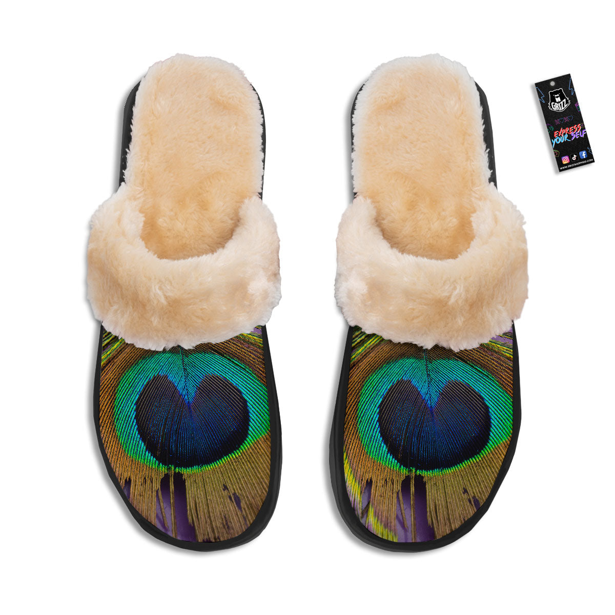Peacock Feather Purple Bohemian Print Slippers-grizzshop