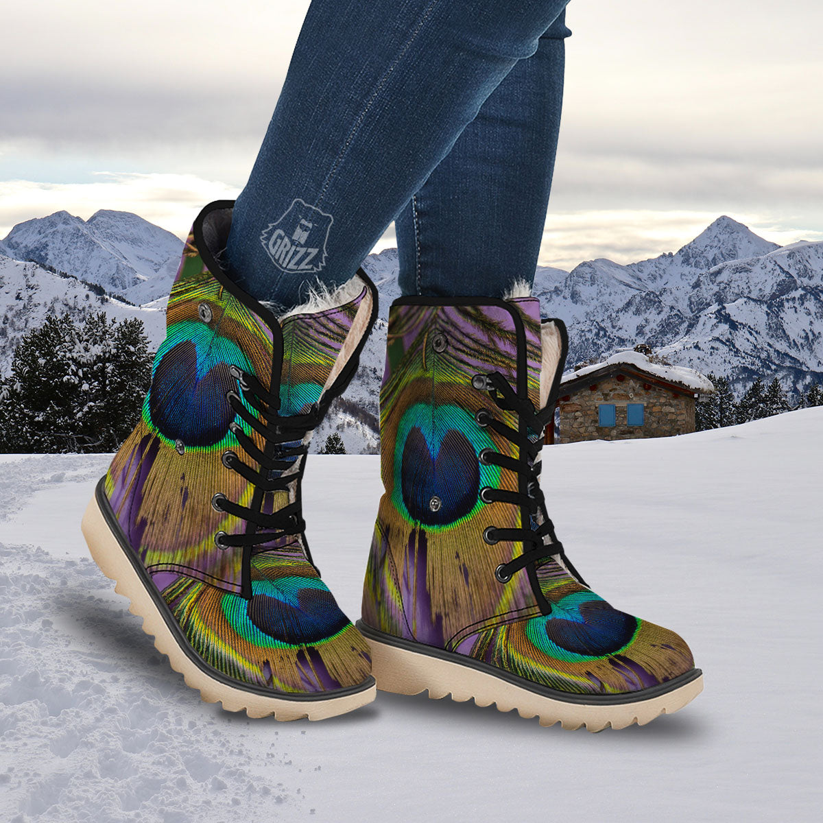 Peacock Feather Purple Bohemian Print Snow Boots-grizzshop