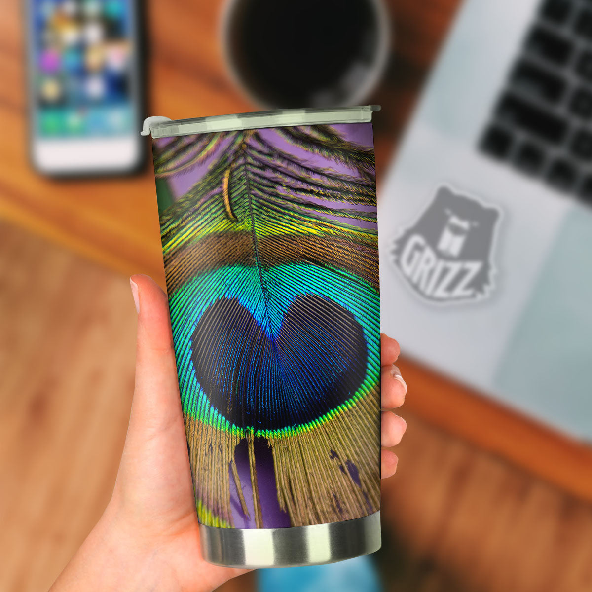 Peacock Feather Purple Bohemian Print Tumbler-grizzshop
