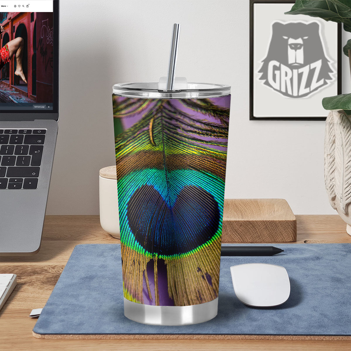 Peacock Feather Purple Bohemian Print Tumbler-grizzshop