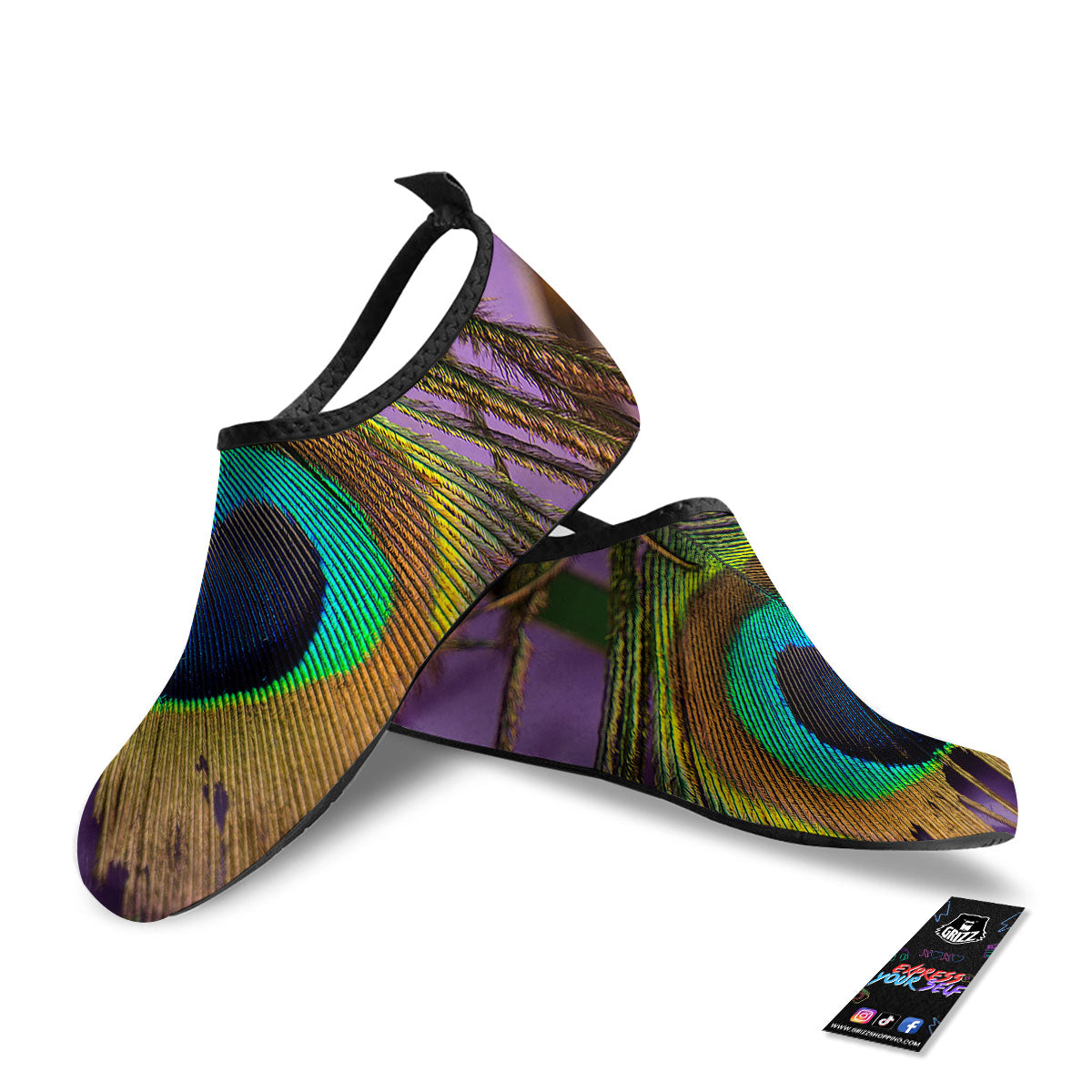 Peacock Feather Purple Bohemian Print Water Shoes-grizzshop