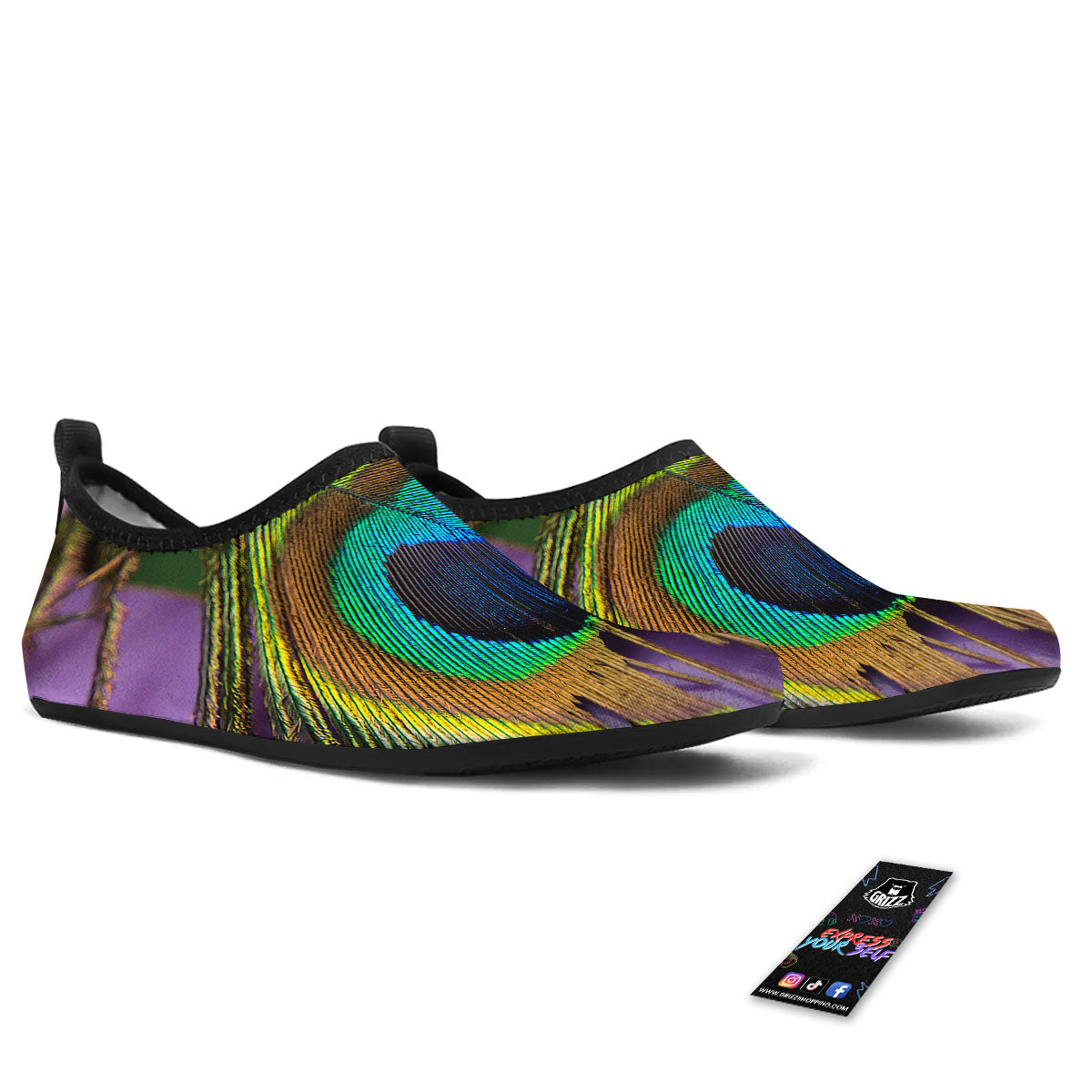 Peacock Feather Purple Bohemian Print Water Shoes-grizzshop