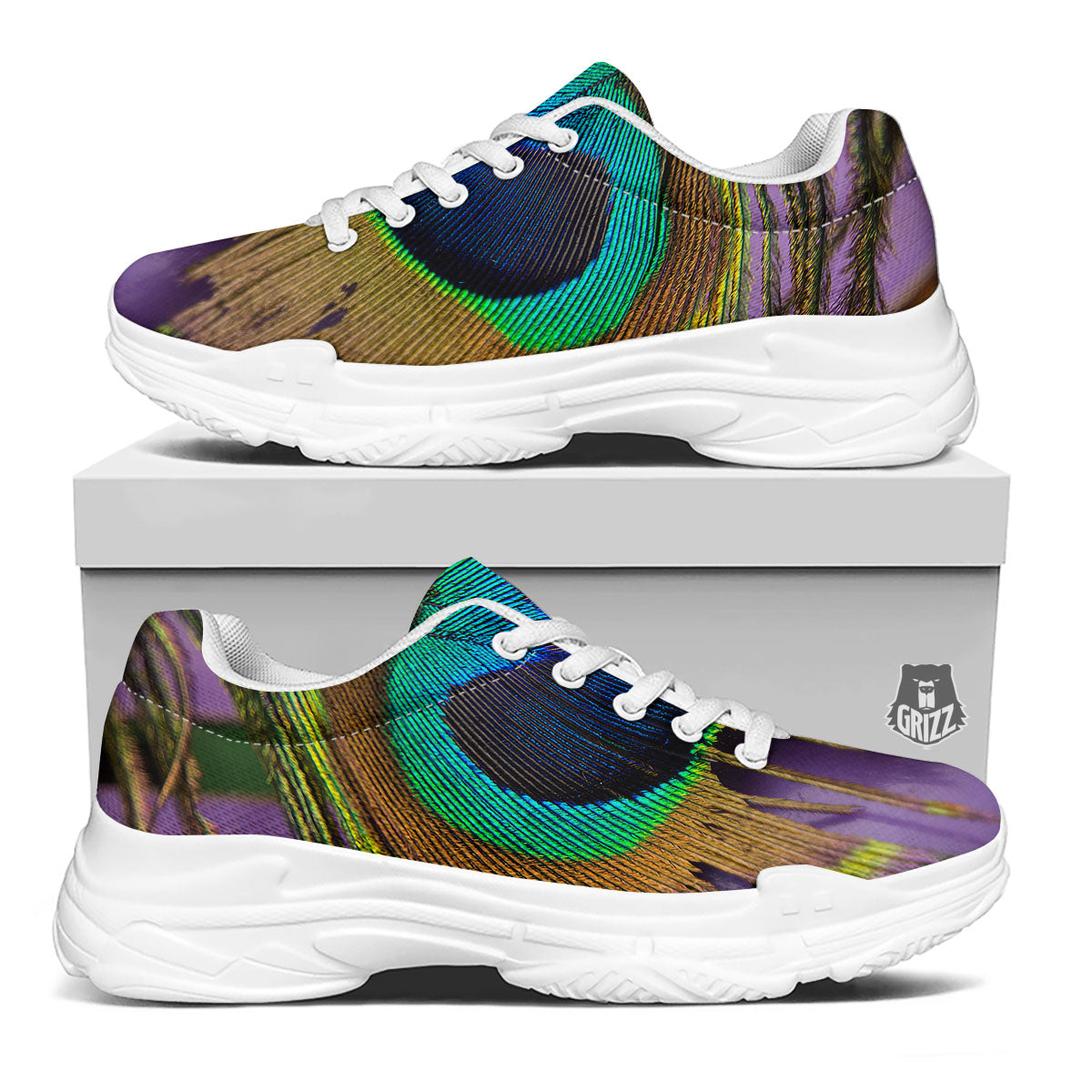 Peacock Feather Purple Bohemian Print White Chunky Shoes-grizzshop