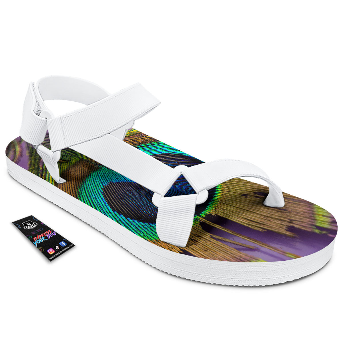 Peacock Feather Purple Bohemian Print White Open Toe Sandals-grizzshop