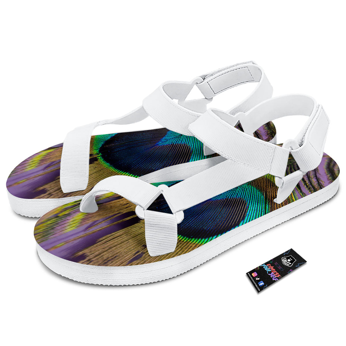 Peacock Feather Purple Bohemian Print White Open Toe Sandals-grizzshop