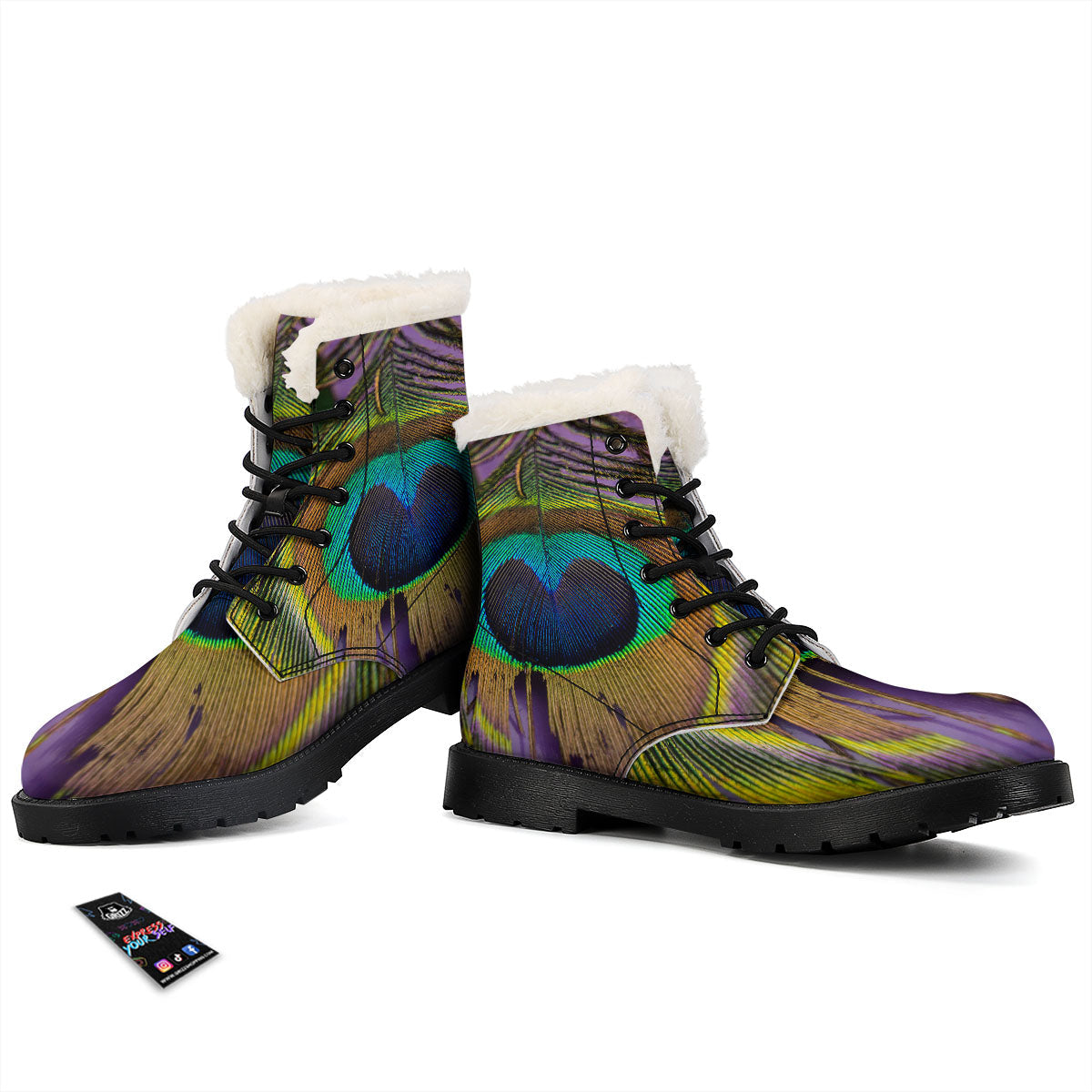 Peacock Feather Purple Bohemian Print Winter Boots-grizzshop