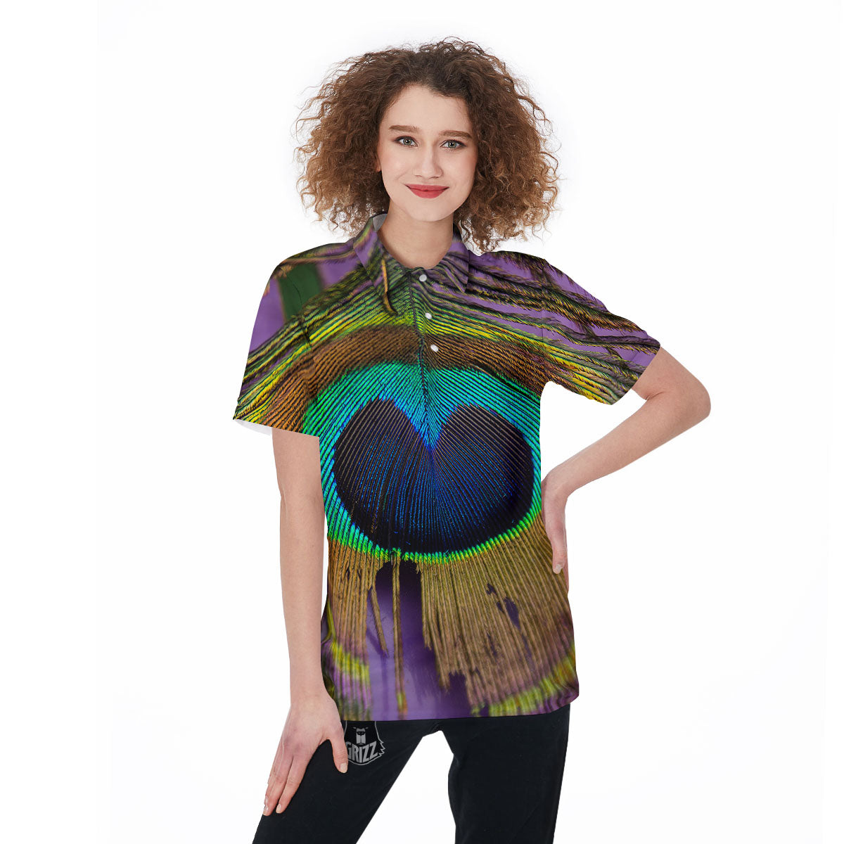 Peacock Feather Purple Bohemian Print Women's Golf Shirts-grizzshop